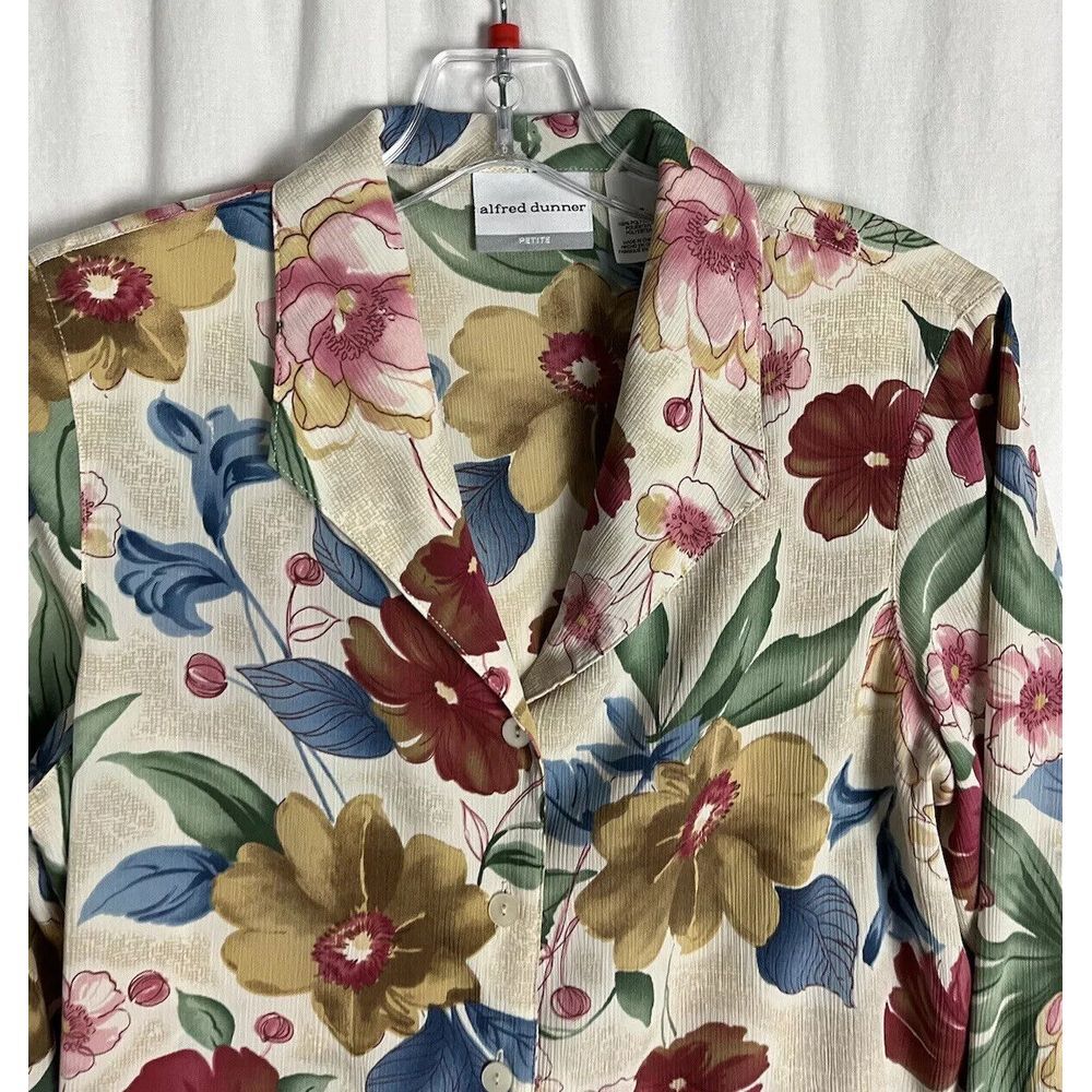 Alfred Dunner Floral Shirt Blouse Size 10P Floral Long‎ Sleeve Pad Shoulder - Picture 6 of 7